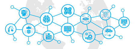 Artificial Intelligence marketing advertising icon banner. Robotics, Chatbot, Database, Big Data...