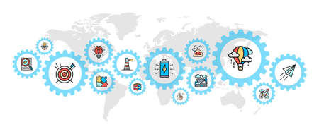 Creative banner with colored web icons. Innovation, startup, artwork, project, idea concept banner background.のイラスト素材