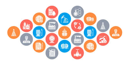 Oil industry concept vector design. Fuel Truck, Engineer, Gasoline, Cargo Ship illustration. Web banner layout template.のイラスト素材