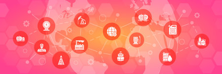 Oil industry vector icons illustration. Fuel Truck, Engineer, Gasoline, Cargo Ship typography banner with promotion line icons.のイラスト素材