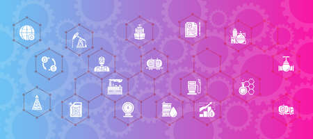 Oil industry website banner. Fuel Truck, Engineer, Gasoline, Cargo Ship vector illustration concept for business web banner, promotion cover design.のイラスト素材