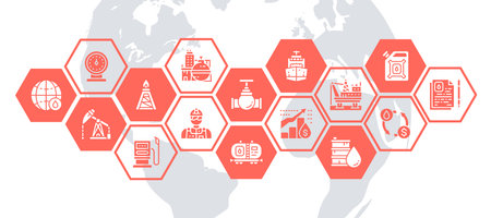 Oil industry web banner with icon set. Fuel Truck, Engineer, Gasoline, Cargo Ship illustration concept for business webpage, financial banner.のイラスト素材