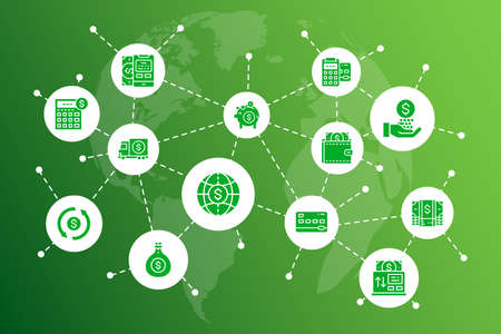 Money and Banking icon business banner. Credit Card, Currency Exchange, Atm, Terminal illustration modern design template.のイラスト素材