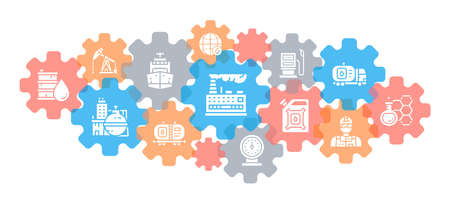 Oil industry line icons banner. Fuel Truck, Engineer, Gasoline, Cargo Ship icon set isolated on white background.のイラスト素材