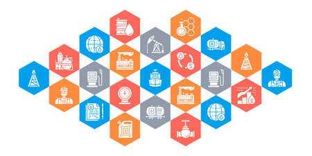 Oil industry line design web banner. Fuel Truck, Engineer, Gasoline, Cargo Ship illustration concept for web marketing and graphic design.のイラスト素材