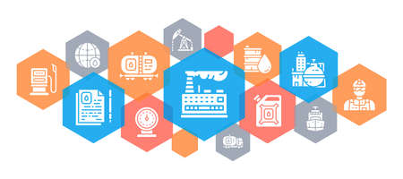 Oil industry web banner. Fuel Truck, Engineer, Gasoline, Cargo Ship vector horizontal line icons illustration.のイラスト素材