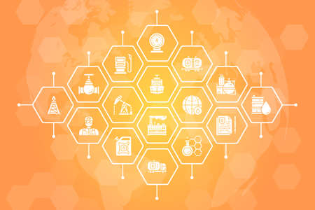 Oil industry vector illustration. Fuel Truck, Engineer, Gasoline, Cargo Ship line icons promotion banner. Web banner layout template.のイラスト素材