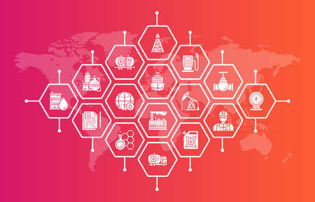 Oil industry banner. Fuel Truck, Engineer, Gasoline, Cargo Ship illustration for web page banner or presentation.のイラスト素材