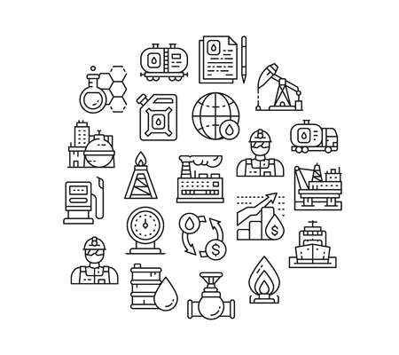 Oil industry line icon set. Fuel Truck, Engineer, Gasoline, Cargo Ship icons in a circle isolated on white background.のイラスト素材