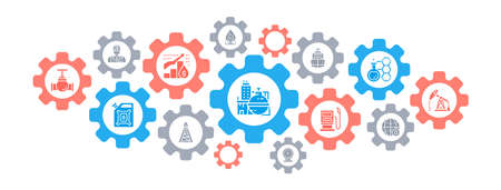 Oil industry infographic icons banner. Fuel Truck, Engineer, Gasoline, Cargo Ship concept icons banner background. Web Header Design illustration.のイラスト素材