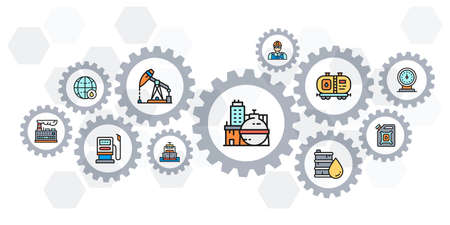 Oil industry colored icons vector banner. Fuel Truck, Engineer, Gasoline, Cargo Ship web header banner illustration.のイラスト素材