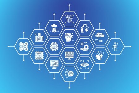 Artificial Intelligence business icons banner. Robotics, Chatbot, Database, Big Data background vector illustrationのイラスト素材