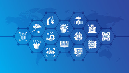 Artificial Intelligence flat design concept illustration. Robotics, Chatbot, Database, Big Data for website banner and landing page.のイラスト素材