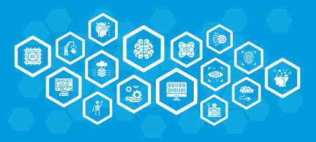 Artificial Intelligence infographic design template with white icons. Robotics, Chatbot, Database banner for diagrams, presentations, info graph.のイラスト素材