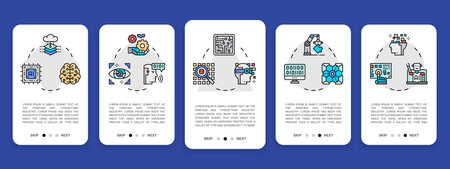 Set of Artificial Intelligence mobile app screens. Robotics, Chatbot, Database, Big Data vertical banners with colored line icons.のイラスト素材