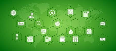 Money and Banking illustration design template. Credit Card, Currency Exchange, Atm, Terminal for website banner, web app design.のイラスト素材