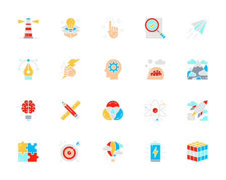 Set of Creative white line icon. Checklist, Innovation, Lighthouse, Air Balloon, Puzzle, Swatch Palette and more.のイラスト素材
