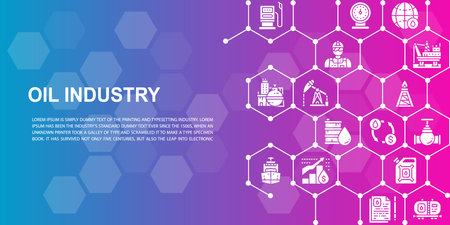 Oil industry web page design template. Fuel Truck, Engineer, Gasoline, Cargo Ship banner for website header and landing page, infographic.のイラスト素材