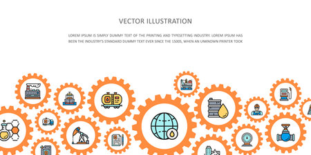 Oil industry landing page with colored icons. Fuel Truck, Engineer, Gasoline, Cargo Ship business icon banner.のイラスト素材
