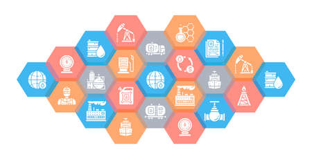 Oil industry icon set. Fuel Truck, Engineer, Gasoline, Cargo Ship web header banner.のイラスト素材