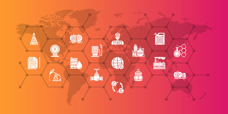 Oil industry editable icons design illustration. Fuel Truck, Engineer, Gasoline, Cargo Ship icon promotion banner for graphic web design.のイラスト素材