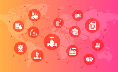 Oil industry business banner concept. Fuel Truck, Engineer, Gasoline, Cargo Ship illustration for web site landing.のイラスト素材