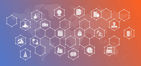 Oil industry website design template. Fuel Truck, Engineer, Gasoline, Cargo Ship vector illustration with white icons.のイラスト素材