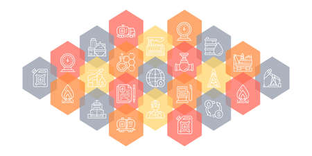 Oil industry web page banner. Fuel Truck, Engineer, Gasoline, Cargo Ship line icons concept isolated on white background.のイラスト素材