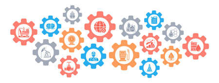 Oil industry vector banner design concept. Fuel Truck, Engineer, Gasoline, Cargo Ship flat style illustration with thin line icons.のイラスト素材