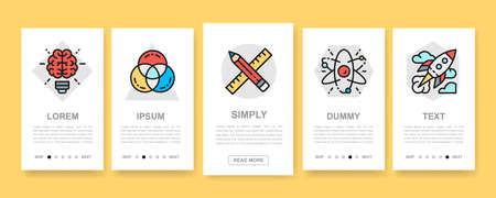 Creative vertical banners set. Modern thin line flat icons for website menu. Innovation, startup, artwork, project, idea mobile screens.のイラスト素材