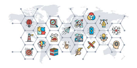 Creative presentation banner with colored icons. Innovation, startup, artwork, project, idea infographics for web business concept.のイラスト素材