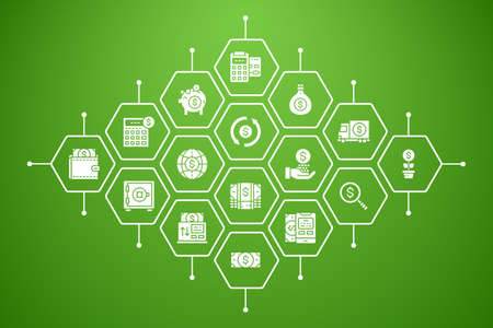 Money and Banking business icons banner. Credit Card, Currency Exchange, Atm, Terminal background vector illustration.のイラスト素材