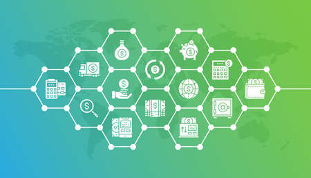 Money and Banking flat design concept illustration. Credit Card, Currency Exchange, Atm, Terminal for website banner and landing page.のイラスト素材