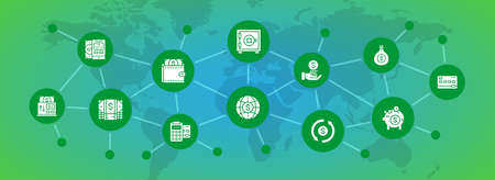 Money and Banking web page icons banner. Credit Card, Currency Exchange, Atm, Terminal illustration. Vector promotion icon presentation.のイラスト素材