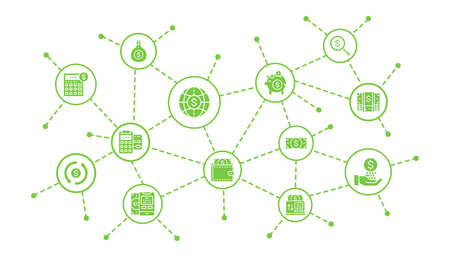 Money and Banking business infographic with thin line icons. Credit Card, Currency Exchange, Atm, Terminal illustration design template.のイラスト素材