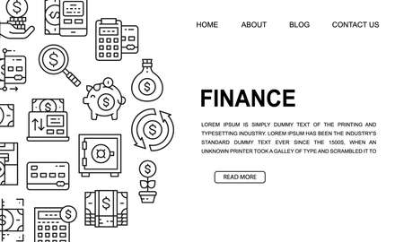 Money and Banking landing page template in line style. Credit Card, Currency Exchange, Atm, Terminal illustration design concept for web page design.のイラスト素材