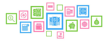 Money and Banking icons infographic banner. Credit Card, Currency Exchange, Terminal illustration for web banner layout, mobile development design.のイラスト素材
