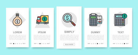 Set of Money and Banking vertical banners. Credit Card, Currency Exchange, Atm, Terminal mobile app screens with color icons.のイラスト素材