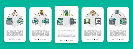 Set of Money and Banking mobile app screens. Credit Card, Currency Exchange, Atm, Terminal vertical banners with colored line icons.のイラスト素材