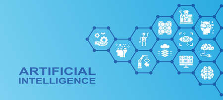 Artificial Intelligence promotion icons banner. Robotics, Chatbot, Database, Big Data illustration. Web banner layout template.のイラスト素材