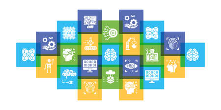 Artificial Intelligence flat design illustration concept. Robotics, Chatbot, Database, Big Data for web banner and printed materials.のイラスト素材