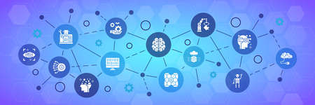 Artificial Intelligence infographic icons banner. Robotics, Chatbot, Database, Big Data modern vector illustration for advertisement, header banner.のイラスト素材