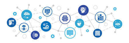 Artificial Intelligence concept web icons banner. Robotics, Chatbot, Database, Big Data flat illustrationのイラスト素材
