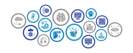 Artificial Intelligence business illustration. Robotics, Chatbot, Database, Big Data vector promotion icons banner. Web banner layout template.のイラスト素材