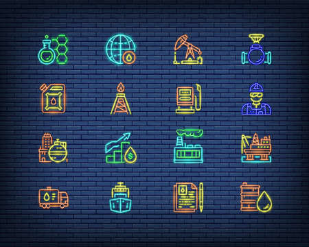 Set of Oil and Petrol Industry neon sign. Fuel Truck, Petroleum Wagon, Gasoline, Cargo Ship and more.のイラスト素材