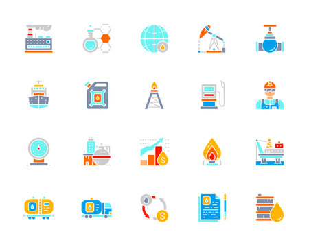 Set of Oil and Petrol Industry white line icon. Fuel Truck, Petroleum Wagon, Pumping Station, Gasoline, Cargo Ship and more.のイラスト素材