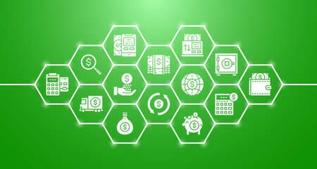 Money and Banking banner with outline icons. Credit Card, Currency Exchange, Atm, Terminal...