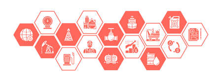 Oil industry flat banner with line icons. Fuel Truck, Engineer, Gasoline, Cargo Ship promotion icons...