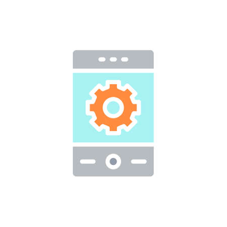 Vector phone with gear, smartphone repair, mobile development white line icon.のイラスト素材