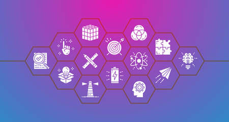 Creative banner with outline icons. Innovation, startup, artwork, project, idea horizontal promotion illustration.のイラスト素材